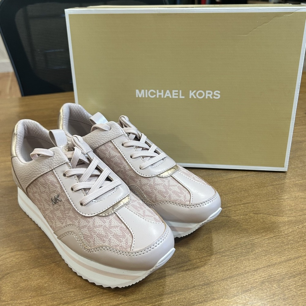 Michael Kors Raina Trainer Shoes Womens Size 7.5 Pink Logo Platform Sneakers NIB
